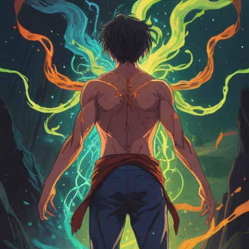A spiritual illustration of a person with a stiff back, symbolizing inner strength and resilience, surrounded by glowing energy flowing down the spine, ethereal light emanating from within, serene nature backdrop with gentle flowing water, harmonious colors, inviting atmosphere, emphasis on vitality and spiritual awakening, 4k