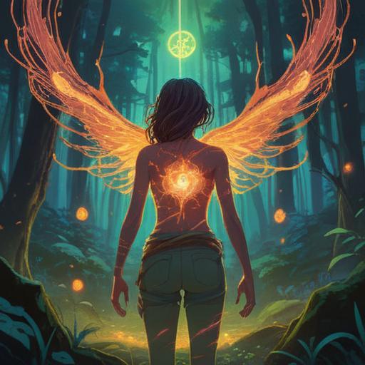A serene illustration depicting a person experiencing tension in their back, surrounded by ethereal energy, subtle glowing symbols of spirituality, a tranquil forest setting, gentle light filtering through the trees, harmonious colors representing balance and awareness, symbolic elements like feathers and spirals, a calming presence, 4k