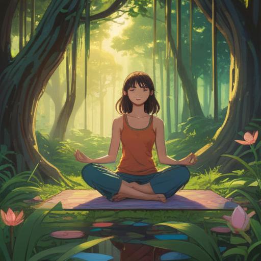 A serene scene of a person practicing yoga in a tranquil setting, surrounded by calming nature, soft sunlight filtering through trees, various spiritual items like crystals and incense nearby, emphasizing relaxation and healing, peaceful expression, 4k