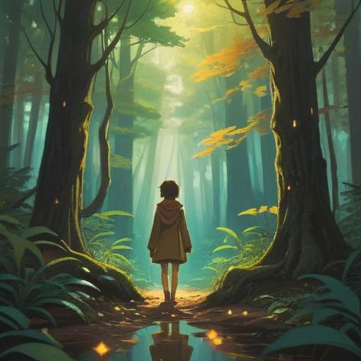 A serene and mystical scene depicting a person standing in a tranquil forest, golden light radiating from behind, their silhouette illuminated, a soft breeze rustling the leaves, symbolizing spiritual awareness, gentle aura surrounding the figure, vibrant greenery and dappled sunlight filtering through the trees, a calm and introspective mood, 4k