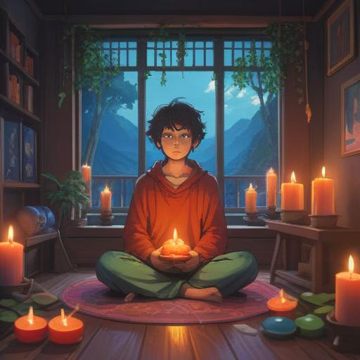 A serene indoor scene featuring a person meditating in a tranquil environment, surrounded by candles and essential oil diffusers, soft natural light illuminating the space, calming plants in the background, gentle aromas wafting through the air, peaceful facial expression, soothing colors, harmonious atmosphere, 4k
