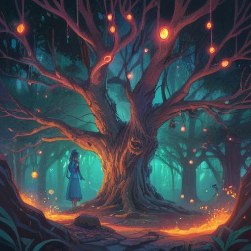 A serene spiritual illustration, a person scratching their back under a mystical glowing tree, ethereal lights surrounding, symbols of healing energy, tranquil nature scene, soft pastel colors, conveying deep introspection, harmonious atmosphere, 4k
