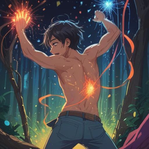 A whimsical illustration of a person scratching their back, surrounded by magical sparkles, representing overcoming an itch, vibrant colors, playful atmosphere, a sense of relief and joy, imaginative setting, cheerful expressions, 4k