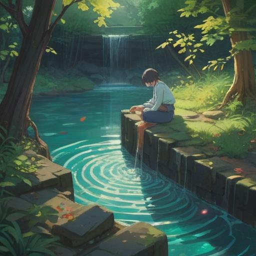 A serene and meditative scene depicting a person cleansing a drain, gentle water flowing, surrounded by nature, soft light filtering through trees, symbolism of renewal and purification, spiritual connection to the earth, vivid colors, tranquil atmosphere, 4k