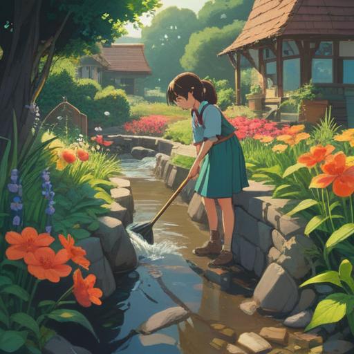 A serene and uplifting illustration of a peaceful garden, a person gently cleaning a drainage ditch, vibrant flowers surrounding the scene, sunlight filtering through the leaves, emphasizing the connection between cleansing and spiritual growth, symbolizing renewal and positive energy, harmonious atmosphere, 4k