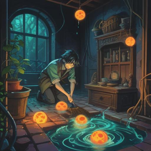 A mystical scene depicting a person cleaning a drain, surrounded by glowing orbs representing spiritual signs, swirling ethereal patterns in the background, a calm and reflective atmosphere, gentle light illuminating the surroundings, symbolic representations of awareness and guidance, rich details in the environment, 4k