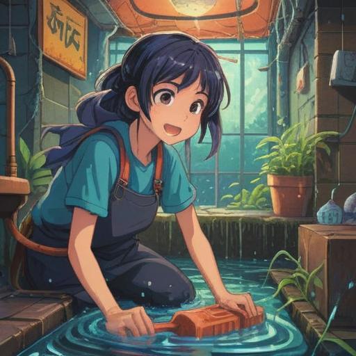 A vibrant illustration depicting a person joyfully cleaning a drain, surrounded by sparkling water droplets, bright colors, sense of renewal and luck, whimsical atmosphere, lush greenery in the background, warm sunlight filtering through the leaves, cheerful expressions, 4k