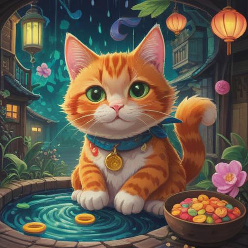 A whimsical illustration of lucky charms related to unclogging drains, featuring vibrant colors, a lucky cat symbolizing good fortune, colorful tools like a plunger and drain snake, a sparkling clean drain, playful atmosphere, detailed charm designs, 4k