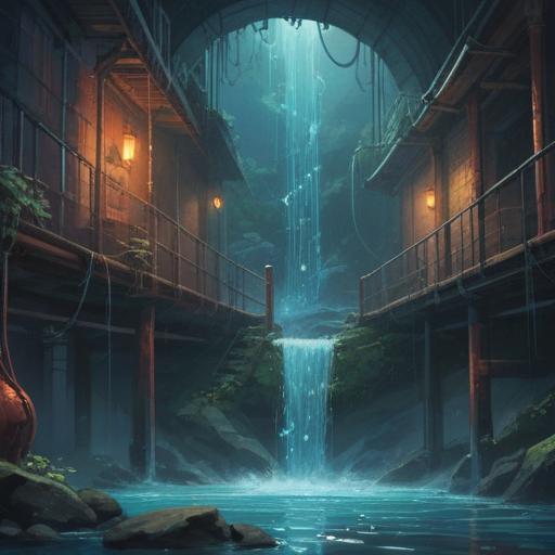 A mystical depiction of a water leak from a pipe, gentle water flowing down, surrounded by ethereal light, symbols of good fortune emerging from the water, serene atmosphere, nature elements intertwined with the leak, spiritual aura, harmonious colors, inviting space, 4k