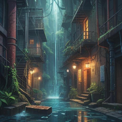 A surreal scene depicting a leaky drainpipe, water cascading down like shimmering crystals, surrounded by a mystical aura, vivid colors, ethereal light illuminating the space, symbolic elements such as floating spiritually significant objects, a sense of caution and awareness, dreamlike atmosphere, 4k