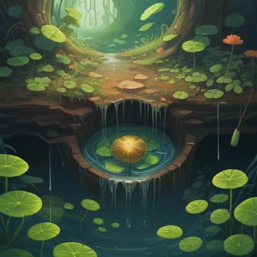 A whimsical illustration depicting a lucky item for improving circumstances after a water leak in a drainage pipe, a golden four-leaf clover shimmering, surrounded by droplets of water, a bright and inviting atmosphere, colorful background with blooming flowers, rays of sunlight breaking through clouds, conveying hope and renewal, 4k