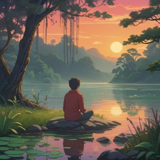 A serene scene depicting a person meditating by a tranquil lake at sunrise, surrounded by lush greenery and gentle mist, symbols of renewal and cleansing, soft light filtering through the trees, calming water reflections, vibrant colors of dawn, peaceful atmosphere, a sense of new beginnings, 4k