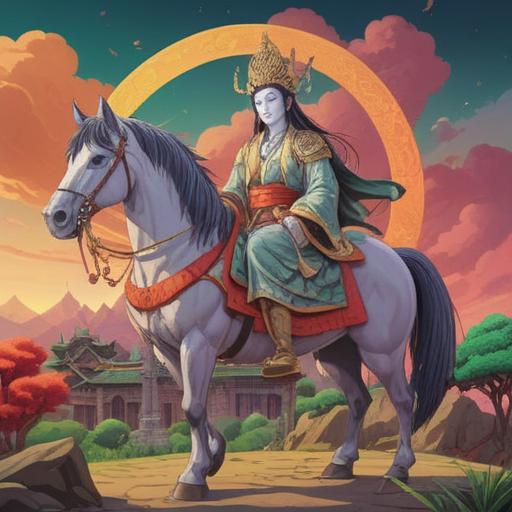 A serene and mystical scene depicting Bato Kannon, a Buddhist deity with a horse's head, surrounded by a tranquil landscape, soft ethereal light illuminating the figure, symbols of compassion and protection, lush greenery and calming water flowing nearby, spiritual aura radiating from the deity, intricate details on the robes, presence of flowers and offerings, 4k