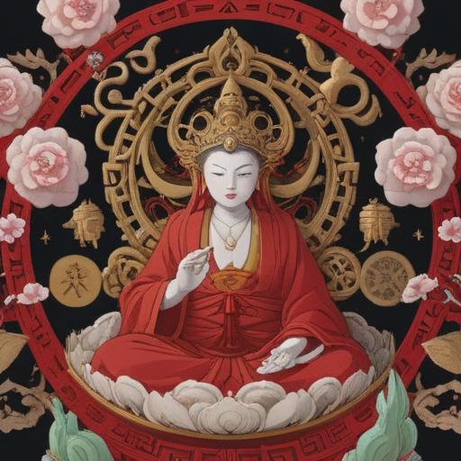 A serene depiction of the Batō Kannon, surrounded by symbolic lucky items such as a red and white talisman, a lucky bamboo plant, and a gold coin, set in a tranquil garden with cherry blossom trees, gentle sunlight filtering through the leaves, peaceful atmosphere, intricate details, harmonious colors, 4k