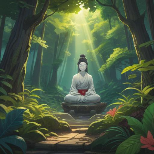 A serene illustration of Batō Kannon surrounded by lush greenery, soft sunlight filtering through the leaves, a tranquil atmosphere of peace and harmony, symbols of abundance like blooming flowers and ripe fruits, gentle expressions on the faces of children playing nearby, vibrant colors, rich details, 4k