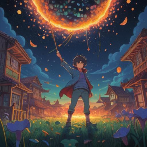 A whimsical scene depicting a person who has been mocked, surrounded by positive symbols like shooting stars and lucky charms, vibrant colors, uplifting atmosphere, joyful expression on their face, engaging with supportive friends, dynamic action, conveying a sense of transformation and empowerment, lively setting, 4k