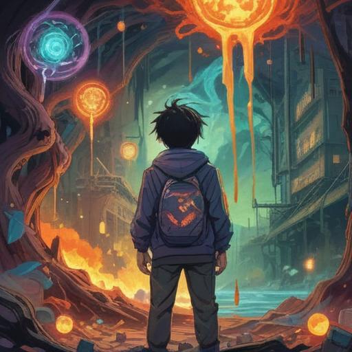 A thought-provoking illustration of a person contemplating their inner turmoil, vibrant colors representing chaotic energy, symbols of spirituality emerging from the destruction, abstract forms suggesting transformation, a serene landscape in the background symbolizing renewal, contrasting emotions displayed through the character's expression, intricate details, ethereal atmosphere, 4k