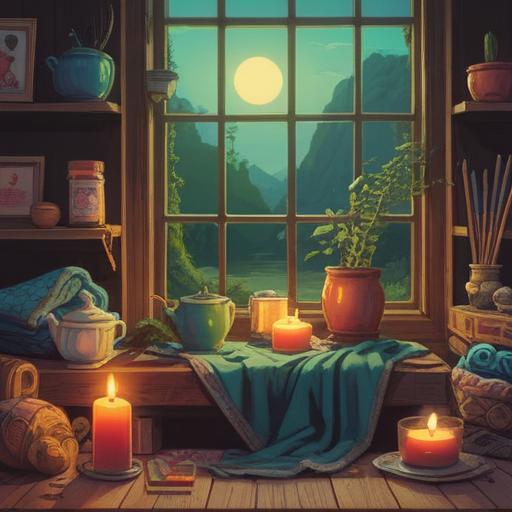 A serene still life composition, various calming objects including a scented candle, a cozy blanket, and a cup of herbal tea, soft natural lighting illuminating the scene, gentle colors, a peaceful and inviting atmosphere, elements of nature like plants and flowers, 4k