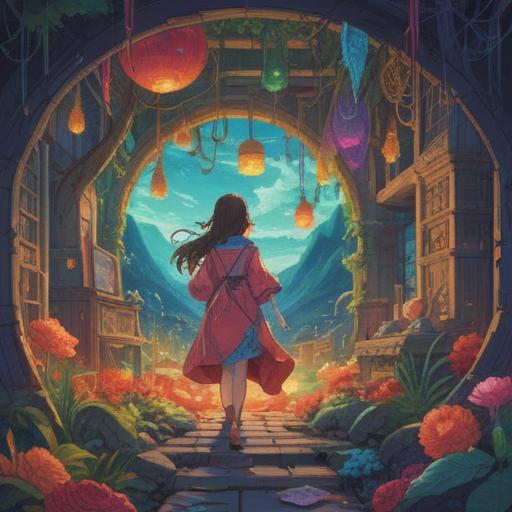 A vibrant and colorful illustration of a person choosing flashy clothes in a surreal, dreamlike setting, symbolic representation of spiritual awakening, bright patterns and textures, ethereal atmosphere, expressive facial features reflecting joy and enlightenment, intricate background elements representing personal growth, 4k