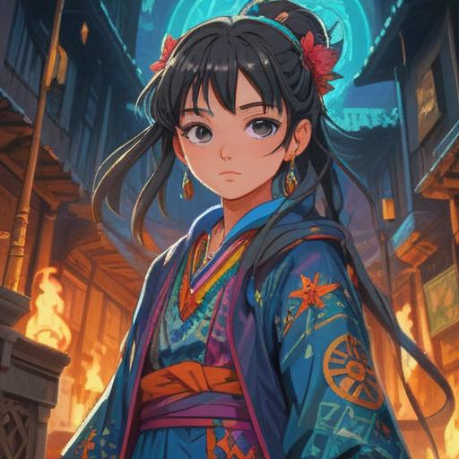 A vibrant illustration of a person wearing flashy clothing, symbols of spirituality subtly integrated into the fashion, bright colors and intricate patterns, urban setting, people admiring the outfit, expression of curiosity and intrigue, mystical aura surrounding the character, dynamic pose, 4k