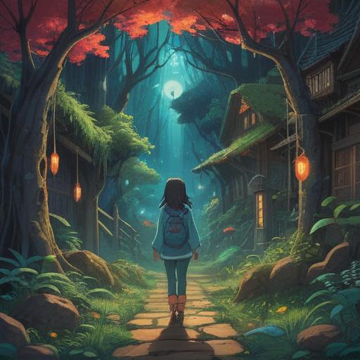 A vivid illustration of a tumultuous life journey, symbolic representation of spiritual growth, vibrant contrasts between light and dark, metaphoric imagery of challenges and triumphs, winding path through a surreal landscape, various life milestones depicted as colorful landmarks, ethereal beings guiding the way, 4k resolution