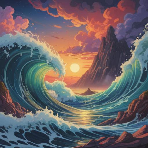 A surreal representation of a wave function illustrating its spiritual meaning, vibrant colors, flowing shapes symbolizing energy and connection, ethereal background with cosmic elements, abstract figures embodying enlightenment, harmonious balance between science and spirituality, dreamlike atmosphere, captivating visuals, 4k
