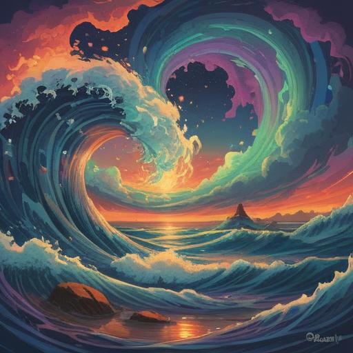 A vibrant representation of a wave function visualization, colorful energy waves flowing harmoniously, ethereal light surrounding the waves, spiritual symbols integrated within the patterns, uplifting and positive aura, serene background, abstract artistic interpretation, captivating movement, balanced and harmonious composition