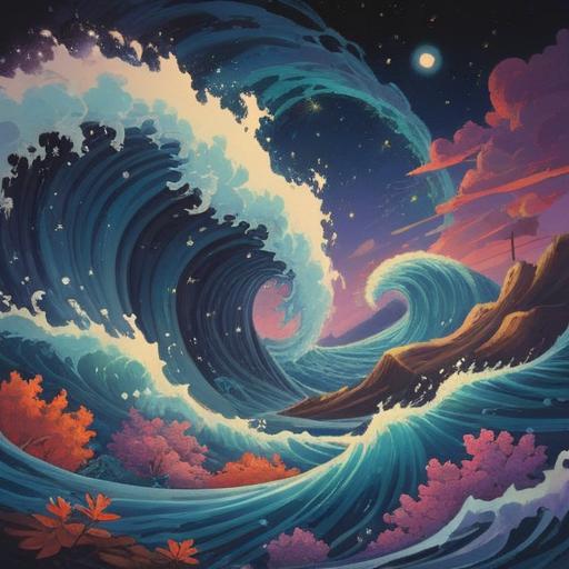 A mystical illustration depicting the concept of wave functions, vibrant spiritual symbols, ethereal energy flows, abstract representations of quantum mechanics, cosmic background with celestial elements, intricate patterns symbolizing awareness and intuition, harmonious color palette, serene atmosphere, 4k