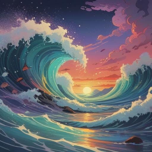 A vibrant illustration of a translucent wave function blending harmoniously with an ethereal lucky stone, swirling patterns representing energy and balance, surrounded by a mystical aura, luminous colors reflecting light, serene atmosphere embodying peace and fortune, detailed crystal textures, 4k