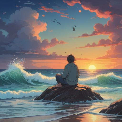 A serene landscape depicting the sensation of waves, calming ocean waves gently lapping against a shore, a meditative figure sitting peacefully, vibrant energy ripples emanating from the water, spiritual symbols subtly integrated into the scene, soft sunlight filtering through clouds, ethereal atmosphere, connection to nature and spirituality, 4k