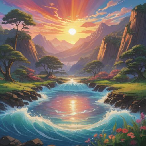 A serene and uplifting illustration depicting positive energy waves, vibrant colors representing spiritual signs, gentle light illuminating a tranquil landscape, harmonious nature elements such as blooming flowers and flowing water, ethereal figures symbolizing guidance and support, inviting atmosphere, 4k