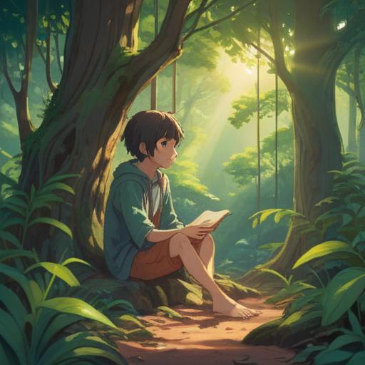 A serene and peaceful illustration depicting a person sitting in a tranquil natural setting, surrounded by lush greenery and soft sunlight filtering through trees, the individual practicing mindfulness and meditation, gentle waves of energy emanating from their heart, symbolizing self-discovery and emotional healing, vibrant colors, harmonious atmosphere, 4k