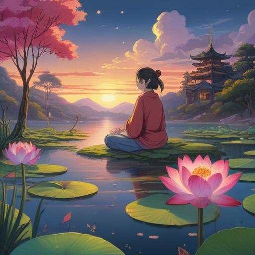 A serene and mystical landscape, gentle waves radiating energy, vibrant hues blending into the horizon, a meditative figure in a lotus pose, symbols of spirituality and harmony around, trees swaying softly in the breeze, ethereal light illuminating the scene, tranquil atmosphere, 4k