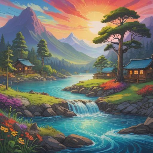 A serene landscape depicting the positive signs of spiritual energy waves, vibrant colors reflecting harmony and balance, gentle flowing water symbolizing peace, lush greenery representing growth and vitality, soft glowing orbs of light suggesting divine presence, peaceful atmosphere, inviting scene with clear blue sky, 4k