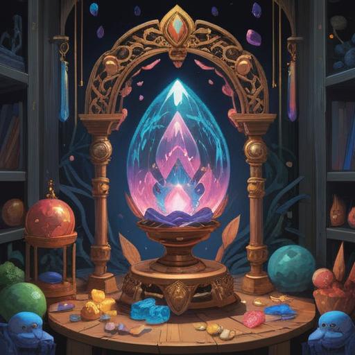 A charming illustration of lucky items, vibrant colors, mystical energies, symbolic objects like crystals and talismans, serene setting, glowing auras, harmonious atmosphere, enchanting details, 4k