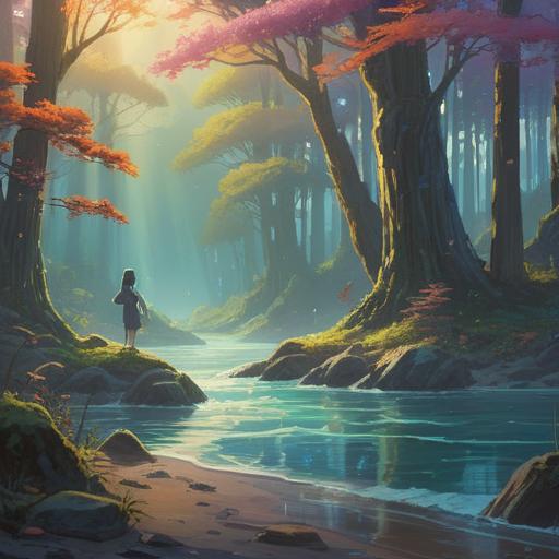 A serene landscape depicting the concept of spiritual signs influenced by wave differences, ethereal light beams illuminating the surroundings, tranquil water reflecting colors of the spectrum, subtle energy waves radiating from a meditative figure, nature in harmony, lush greenery, soothing atmosphere, signs of positivity and enlightenment, 4k