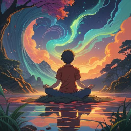 A serene scene depicting a person meditating in nature, surrounded by vibrant energy waves, a sense of awareness in their expression, soft glows representing spiritual signs, lush greenery and gentle flowing water in the background, subtle harmony between mind and nature, inviting tranquility, 4k