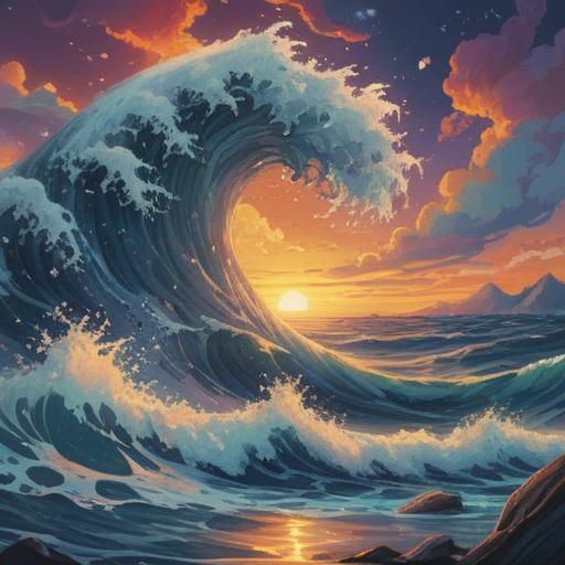 A serene landscape depicting waves of energy, ethereal light emanating from the ocean, symbolic representation of spiritual awakening, intricate patterns in the water, vibrant colors reflecting the harmony of nature, a sense of peace and connection, mystical aura surrounding the scene, 4k