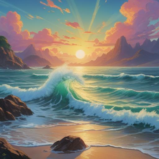 A serene spiritual landscape depicting rising waves of energy, vibrant light radiating through the atmosphere, symbols of enlightenment and positivity, a tranquil environment filled with lush greenery and blooming flowers, a peaceful figure meditating in the foreground, harmonious colors blending beautifully, ethereal glow surrounding the scene, sense of hope and awakening, 4k