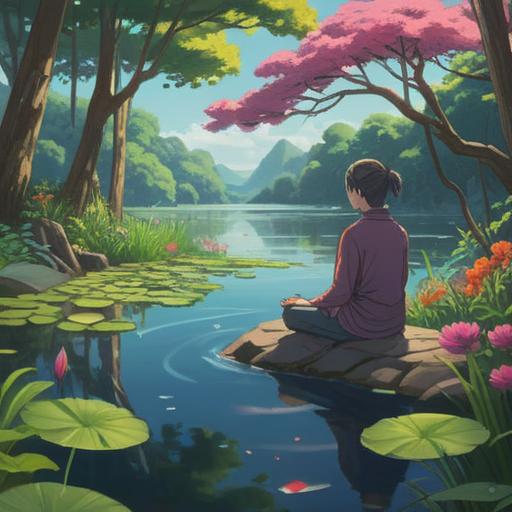 A serene and peaceful scene depicting a person meditating by a tranquil lake, surrounded by lush greenery and vibrant flowers, gentle ripples on the water's surface reflecting the sunlight, harmonious colors blending together, uplifting energy radiating from the individual, a sense of balance and mindfulness, inspiring elements of nature, soothing and inviting atmosphere, 4k