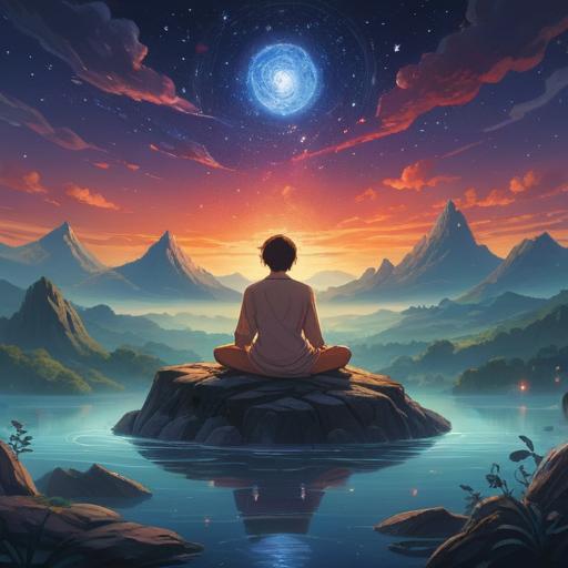 A serene and mystical scene depicting a person meditating under a starry sky, ethereal light surrounding them, symbols of spiritual energy floating around, vibrant colors blending harmoniously, a sense of tranquility and connection to the universe, celestial elements like planets and stars, visual representation of spiritual alignment, harmonious energies, 4k