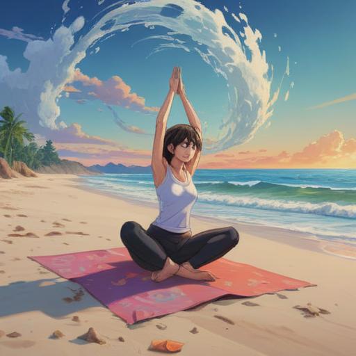 A serene lifestyle scene, individuals practicing mindfulness, gentle yoga on the beach, harmonious nature surrounding them, ocean waves crashing softly, vibrant sunset casting warm hues, peaceful expressions, balance and tranquility, healthy habits, self-care rituals, 4k