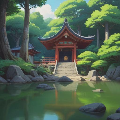 A spiritual representation of Naminokami Shrine, serene atmosphere, lush green surroundings, tranquil waters, ancient trees, mystical energy, traditional Shinto architecture, worshippers seeking enlightenment, harmonious nature, soft light filtering through leaves, 4k