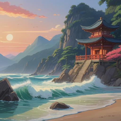 A serene and mystical scene depicting the waves gently lapping at the shore in front of Nabegami Shrine, ethereal light filtering through the trees, a sense of tranquility and spiritual connection, delicate offerings placed at the shrine, vibrant natural colors, peaceful ambiance, inviting the viewer to explore spiritual signs and blessings, 4k
