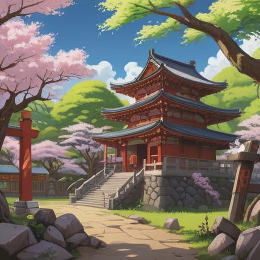 A serene landscape featuring Naminokami Shrine, traditional Japanese architecture, vibrant cherry blossoms in full bloom, lucky symbols scattered around like omamori and maneki-neko, people visiting for blessings, inviting atmosphere, mystical sunlight filtering through trees, tranquil pond reflecting the shrine, harmonious nature, 4k