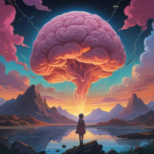 A serene and ethereal landscape, depicting a glowing brain surrounded by swirling clouds of soft luminescent colors, intertwined with elements of nature such as leaves and flowers, symbols of spirituality like mandalas and chakras subtly incorporated into the scene, an inviting, tranquil atmosphere, emphasizing the concept of mental fatigue and spiritual rejuvenation, 4k