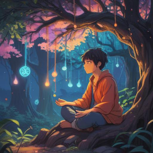 A serene and mystical illustration, depicting a person sitting in meditation under a tree, surrounded by swirling ethereal lights, visual representation of brain fatigue, gentle aura of calming colors, symbolism of spiritual signs, nature as a healing space, twilight ambiance, soft whispers of wind, intricate details in foliage, 4k