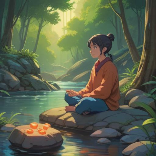 A serene illustration of a person meditating surrounded by glowing lucky stones, tranquil nature setting, soft sunlight filtering through trees, gentle stream in the background, peaceful atmosphere, mindfulness and relaxation theme, vibrant colors, 4k