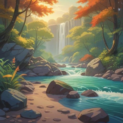 A serene illustration of balanced stones, nature setting, soft sunlight filtering through leaves, a peaceful river flowing nearby, harmonious colors reflecting inner peace, gentle breeze creating a calming effect, focus on the lucky stones glowing subtly, inspirational atmosphere, 4k