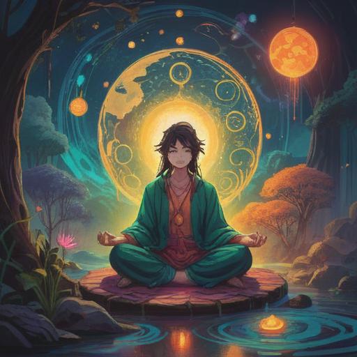 A serene spiritual illustration, depicting a person in deep meditation, surrounded by flowing light and energy, ethereal symbols representing clarity and cleansing of the mind, calming colors, a beautiful natural setting, transcendent atmosphere, peaceful expression, 4k